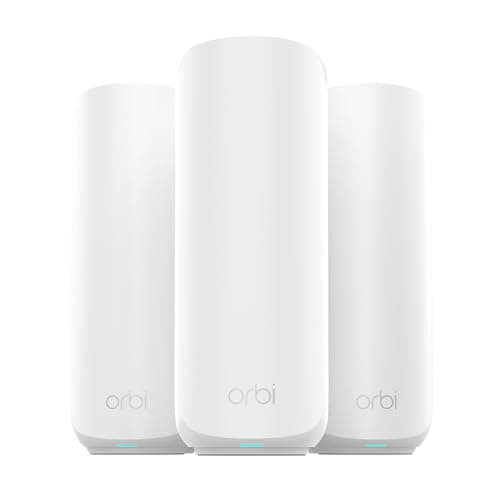NETGEAR Orbi 370 Series Dual-Band WiFi 7 Mesh Network System for Home (RBE373) – Wireless Router + 2 Extenders, Security Features, 5 Gbps, Covers 6,000 sq.ft., 70 Devices, 2.5GB Internet Port, BE5000