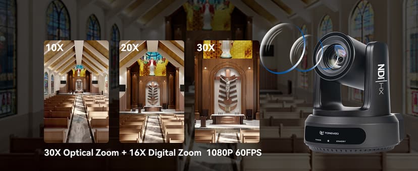 NDI AI Auto-Tracking IP PTZ Camera SDI/HDMI/USB3.0/LAN PoE 30X Optical + 16X Digital Zoom 1080P 60fps for Live Streaming Church Services Education Video Conference with OBS vMix and More