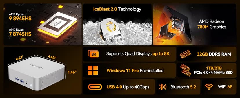 GEEKOM A8 AI Mini PC, AMD Ryzen 9 8945HS (up to 5.2GHz) Mini Computers, 32GB DDR5 5600MHz RAM&2TB PCIe 4.0 SSD, Windows 11 Pro Mini Desktop, AMD Ryzen AI/Radeon 780M/WiFi 6E/BT5.2/USB4/8K/Quad Display