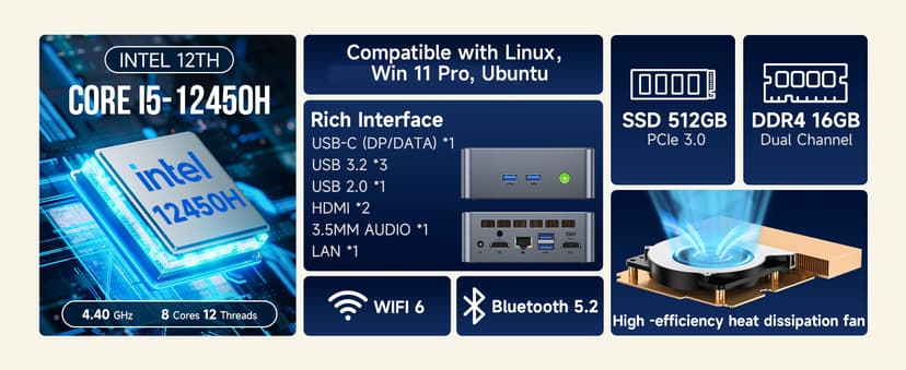 GMKtec Mini Desktop Computer, M3 Intel Core i5 12450H (8C/12T, up to 4.40GHz) Mini PC 16GB DDR4 (8GB*2) 512GB SSD, 2X HDMI 4K, 4X USB 3.2, USB-C, WiFi 6, BT 5.2, RJ45 2.5G Black