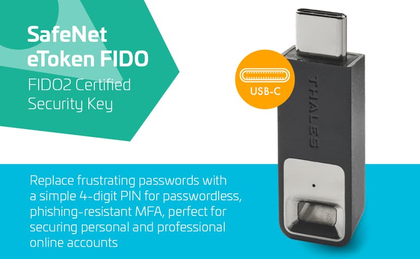 Thales - SafeNet eToken FIDO - FIDO2 Certified Security Key - Passwordless Phishing-Resistant Authentication for Web Apps, Devices & Desktops - USB-C