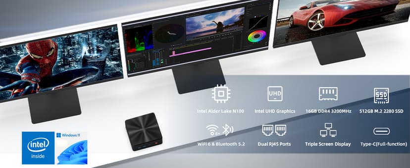 Mini PC, Intel 12th Alder Lake N100 (up to 3.4GHz), 16GB DDR4 RAM 512GB M.2 SSD Dual LAN, Mini Desktop Computers Windows 11, 4K Triple Display, Type-C, WiFi 6, BT 5.2, Micro PC for Home Office