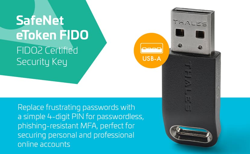 Thales - SafeNet eToken FIDO - FIDO2 Certified Security Key - Passwordless Phishing-Resistant Authentication for Web Apps, Devices & Desktops - USB-A