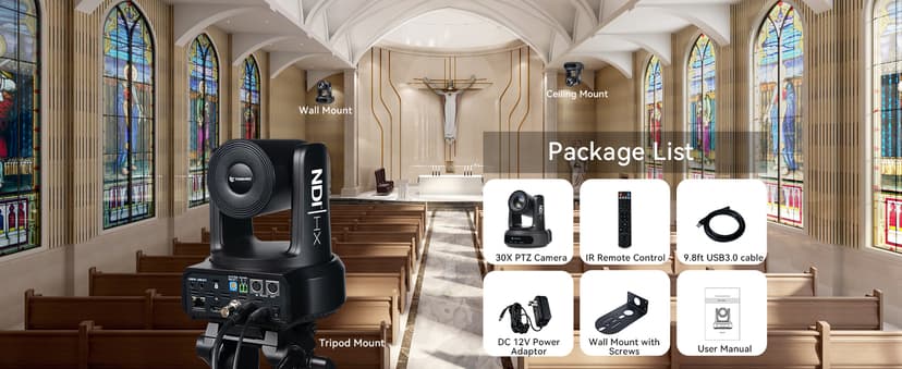 NDI AI Auto-Tracking IP PTZ Camera SDI/HDMI/USB3.0/LAN PoE 30X Optical + 16X Digital Zoom 1080P 60fps for Live Streaming Church Services Education Video Conference with OBS vMix and More