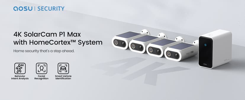 AOSU 4K Solar Security Cameras Wireless Outdoor, Expandable to 16TB (32GB Built-in) HomeCortex Home Security System + 6 Extra Solar Panel, AI Face Recognition & Behavior Detection, 6-Cam Kit