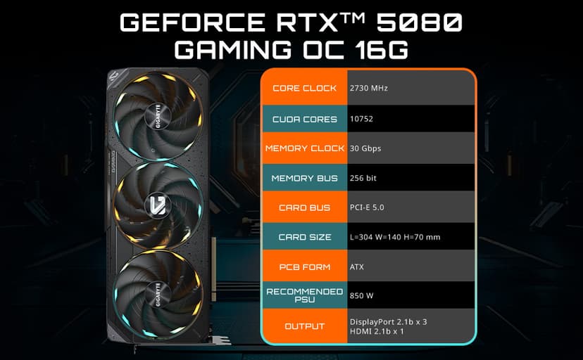 GIGABYTE GeForce RTX 5080 Gaming OC 16G Graphics Card, WINDFORCE Cooling System, 16GB 256-bit GDDR7, GV-N5080GAMING OC-16GD Video Card