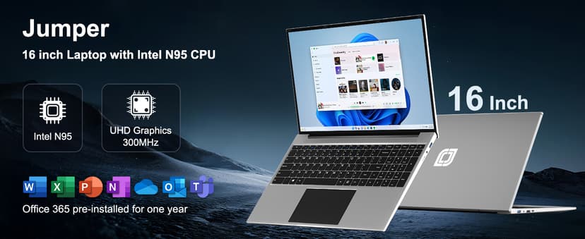 jumper 16 Inch Laptop, 4-Core N95 Processor, Up to 3.4Ghz, 16GB RAM, 640GB Storage,1200p FHD IPS Display, Windows 11 Computer, Office 365 1-Year Subscription, WiFi-6, 38Wh Battery.