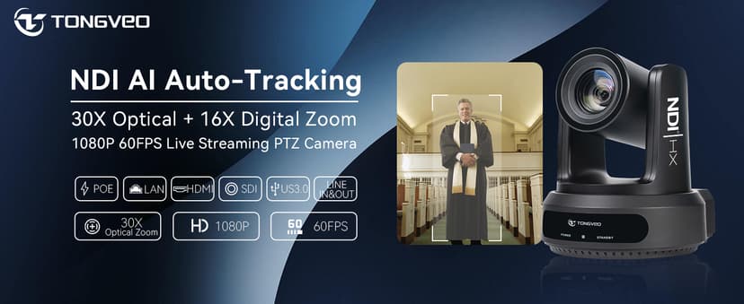 NDI AI Auto-Tracking IP PTZ Camera SDI/HDMI/USB3.0/LAN PoE 30X Optical + 16X Digital Zoom 1080P 60fps for Live Streaming Church Services Education Video Conference with OBS vMix and More