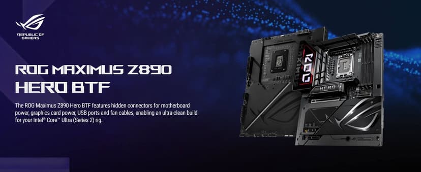 ASUS ROG MAXIMUS Z890 HERO BTF Z890 LGA 1851 ATX motherboard, hidden-connector design, Advanced AI PC Ready, 22+1+2+2 stages, DDR5, WiFi 7, 2.5G LAN, 6x M.2, PCIe 5.0, Thunderbolt 4, USB Type-C, AI OC