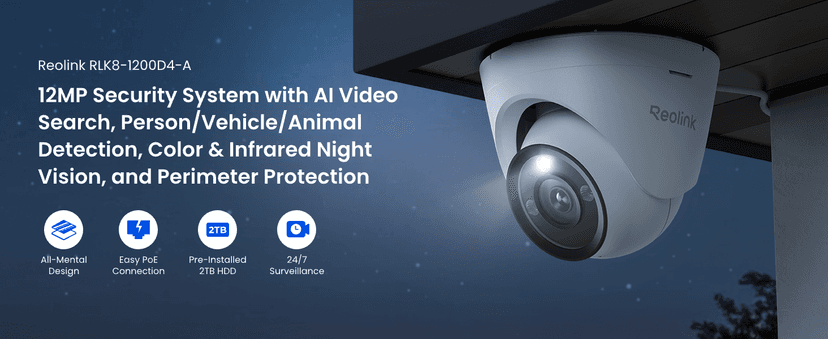 REOLINK New Version 12MP Smart Security System with AI Video Search, Person/Vehicle/Animal Detection Color & Infrared Night Vision, Two-Way Talk, 24/7 Recording, Perimeter Protection, RLK8-1200D4-A