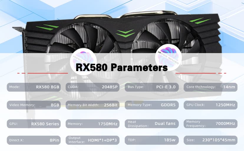 RX 580 Graphics Card 8GB 2048SP GDDR5 256 Bit PC Gaming Video Card 3*DP 1*HDMI PCI Express 3.0 with Freeze Fan Stop for Desktop Computer GPU for Gaming PC