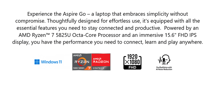 acer Aspire Go 15 AI Ready Laptop, 15.6" FHD (1920 x 1080) IPS Display, AMD Ryzen 7 5825U, AMD Radeon Graphics, 16GB DDR4, 512GB PCIe Gen4 SSD, Wi-Fi 6, Windows 11 Home, AG15-42P-R3NB