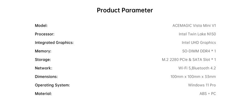 ACEMAGIC Vista Mini V1 Mini PC, Twin Lake N150, 16GB DDR4 RAM 1TB SSD Mini Computers, 11 Pro Desktop 4K Dual Display, WiFi/Bluetooth, for Home Office Business, up to 3.6 GHz(Beat N100/N95)