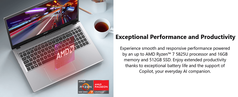 acer Aspire Go 15 AI Ready Laptop, 15.6" FHD (1920 x 1080) IPS Display, AMD Ryzen 7 5825U, AMD Radeon Graphics, 16GB DDR4, 512GB PCIe Gen4 SSD, Wi-Fi 6, Windows 11 Home, AG15-42P-R3NB