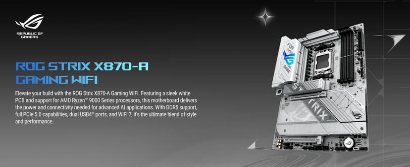 ASUS ROG Strix X870-A Gaming WiFi AMD AM5 X870 ATX Motherboard 16+2+2 Power Stages, Dynamic OC Switcher, Core Flex, DDR5 AEMP, WiFi 7, 4X M.2, PCIe® 5.0, Q-Release Slim, USB4®, AI OCing & Networking