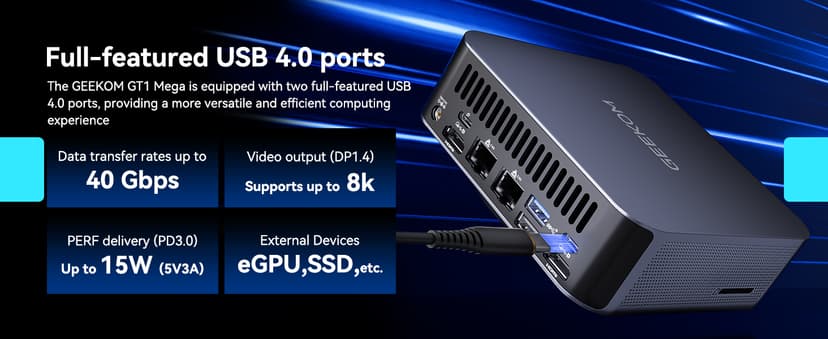 GEEKOM GT1 Mega AI Mini PC, with Intel 14th Gen Ultra 9 185H (Up to 5.1 GHz), 32GB DDR5 2TB M.2 NVMe SSD, Mini Desktop Computers Windows 11 Pro, 2.5G Dual LAN/WiFi 7/BT 5.4/USB4.0/8K/3 Years Warranty