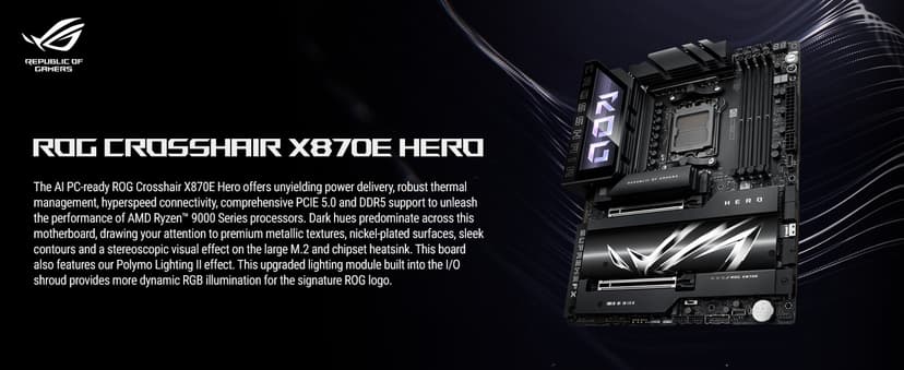 ASUS ROG Crosshair X870E Hero AMD X870E AM5 ATX Motherboard, Advanced AI PC Ready, 18+2+2 Power Stages, DDR5, PCIe® 5.0, 5X M.2, Wi-Fi 7, USB4®, AI Overclocking, Core Flex, PCIe Slot Q-Release Slim