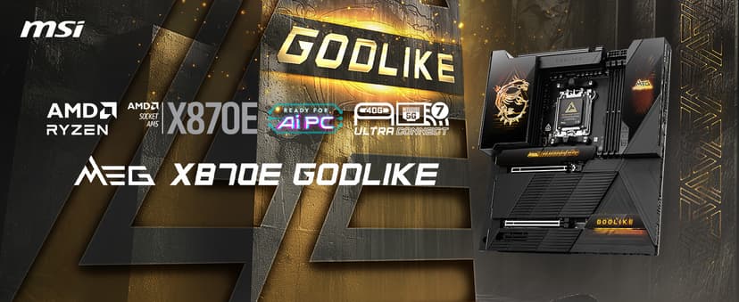 MSI MEG X870E GODLIKE, E-ATX - Supports AMD Ryzen 9000/8000/7000 Processors, AM5 - Dynamic Dashboard III, EZ Slide M.2, 110A SPS, DDR5 Memory (9000+ MT/s OC), M.2 & PCIe 5.0, USB4, Wi-Fi 7, 10G LAN