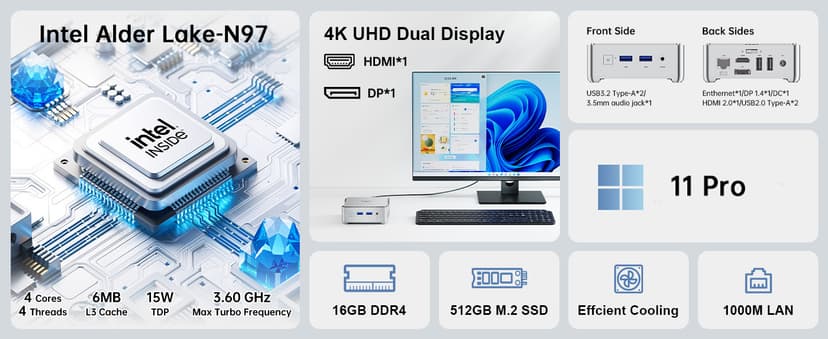 KAMRUI E2 Mini PC 11 Pro, 12th Gen Alder Lake N97(up to 3.6GHz) Micro PC (Beat N150/N100/N95), 16GB RAM 512GB M.2 SSD, Desktop Computers 4K Dual Display/USB3.2/WiFi/BT/LAN Small Computer