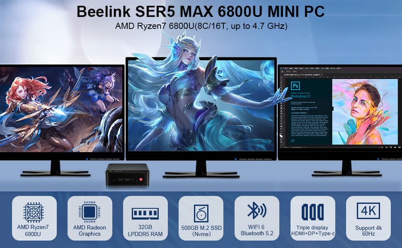 Beelink SER5 MAX Mini PC,AMD Ryzen7 6800U(8C/16T,up to 4.7GHz),Mini Computer 32GB LPDDR5 RAM 500GB M.2 SSD Graphics 12core 2200MHz,Support 4K Triple Display/HDMI+DP+Type-C/Wifi6/BT5.2/1000M LAN/USB3.2