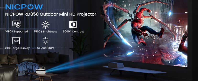 Outdoor Projector, Mini Projector for Home Theater, 1080P and 240" Supported Movie Projector 7500 L Portable Home Video Projector Compatible with Smartphone/TV Stick/PS4/PC/Laptop