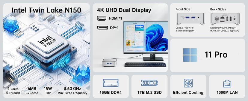 KAMRUI E2 Mini PC, 12th Gen Alder Lake- N97(up to 3.6GHz), 16GB DDR4 RAM 1TB M.2 SSD, Mini Computer Support 4K Display/USB3.0/WiFi/BT/Gigabit Ethernet Mini PC Home/Office