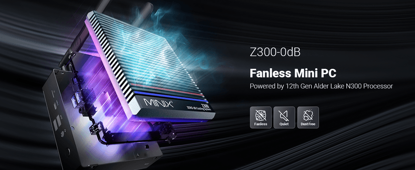 MINIX Fanless Windows 11 Pro Mini PC, Intel 12th Gen N300, NEO Z300-0dB 16GB DDR4, 512GB M.2 PCIe Gen3 x 4 SSD Micro Desktop Computer, 4K Dual Display/2.5G LAN, for Business Home Office Multi-Tasking