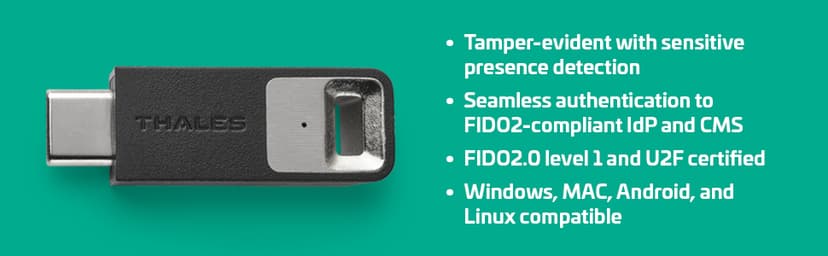 Thales - SafeNet eToken FIDO - FIDO2 Certified Security Key - Passwordless Phishing-Resistant Authentication for Web Apps, Devices & Desktops - USB-C