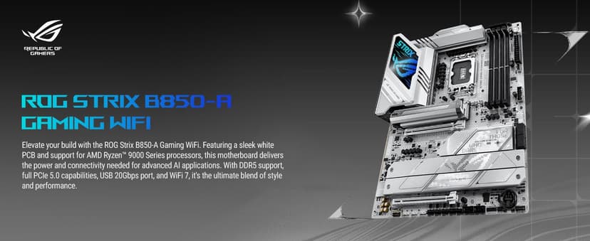 ASUS ROG Strix B850-A Gaming WiFi AMD AM5 B850 ATX Motherboard 14+2+2 Power Stages, DDR5 AEMP, 2.5G LAN, WiFi 7 with Q-Antenna, 4X M.2, PCIe® 5.0, USB 20Gbps Type-C, AI Networking II, ASUS AI Advisor