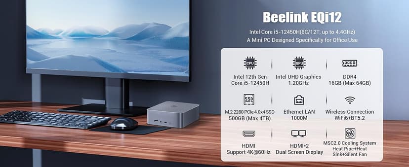 Beelink EQi12 Mini PC, Intel Core i5-12450H Processor (8C/12T, up to 4.4GHz), 16G DDR4 RAM 500GB M.2 2280 PCle 4.0x4 SSD, Mini Computer Support 4K@60Hz Dual Screen Display/WiFi6/BT5.2
