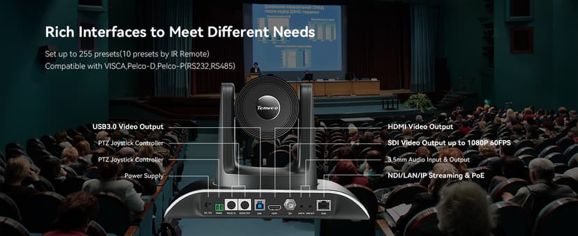 Tenveo AI Auto Tracking NDI PTZ Camera 3G-SDI/HDMI/USB3.0/LAN PoE 30X Optical+8X Digital Zoom IP Live Streaming Camera, FHD 1080P 60FPS for Church Services Worship Large Events Live Broadcast