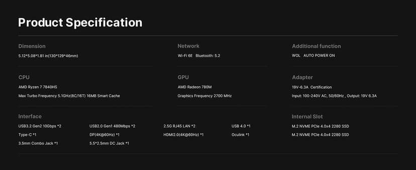 Mini Gaming PC M4, Dual 2.5G LAN Ryzen 7 7840HS Desktop Computers, 32GB DDR5 1TB PCIe4.0 NVMe SSD, Radeon 780M Graphics,Quad Display, Oculink/USB 4.0/HDMI/DP, Wi-Fi 6/ BT5.2