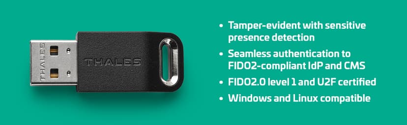 Thales - SafeNet eToken FIDO - FIDO2 Certified Security Key - Passwordless Phishing-Resistant Authentication for Web Apps, Devices & Desktops - USB-A