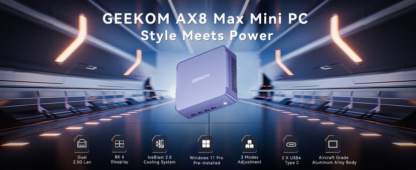 GEEKOM Mini PC AX8 Max, Dual 2.5G Lan AMD Ryzen 7 8745HS (Up to 4.9GHz, 3 Mode) Desktop Computers, Radeon 780M, 32GB DDR5 5600MHz RAM 1TB PCIe SSD, 2xUSB4/PD/WOL/8K 4 Display/Gaming/Business/Win11 Pro