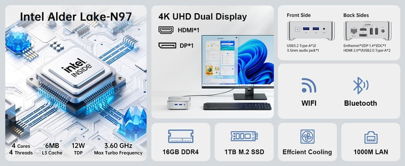 KAMRUI Essenx E2 Mini PC, 16GB RAM 1TB SSD Mini Computers,12th Alder Lake N97 (Beat N150, up to 3.6GHz) Micro PC, HDMI+DP1.4 Dual 4K UHD Small PC,Gigabit Ethernet,WiFi,BT,Home/Office Mini Desktop pc