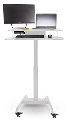 Stand Steady Cruizer Premier Electric Mobile Podium Desk with Keyboard Tray | Sit or Stand Height Adjustable Portable Standing Desk with Wheels | Portable Podium with Programmable Control Pad (White)