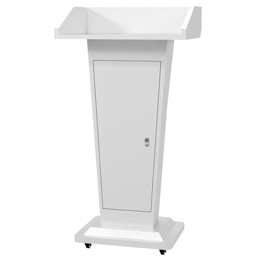 Heavy-Duty Black Metal Podium Stand with Lockable Wheels | Mobile Lectern with Storage Cabinet & Adjustable Height | for Conference Rooms, Churches, Classrooms & Events