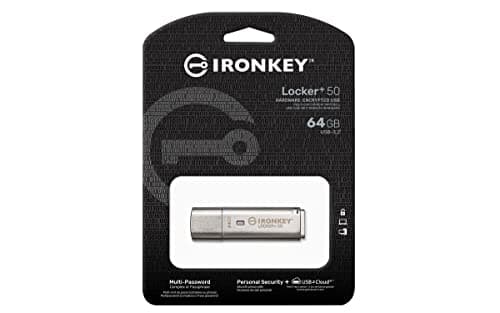Kingston Ironkey Locker+ 50 64GB Encrypted USB Flash Drive | USB 3.2 Gen 1 | XTS-AES Protection & TAA Compliant | Multi-Password Security Options | Automatic Cloud Backup | Metal Casing | IKLP50/64GB