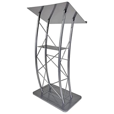 Kingdom KML2S Large Curved Lectern with Shelf, Stand Up Church Pulpit, Slanted Lectern, Conference Podium for Speakers, Speeches, and Other Occasions- Truss Lectern, Silver Powder Coat Finish, Metal