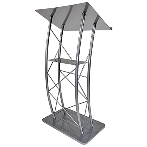 Kingdom KML2S Large Curved Lectern with Shelf, Stand Up Church Pulpit, Slanted Lectern, Conference Podium for Speakers, Speeches, and Other Occasions- Truss Lectern, Silver Powder Coat Finish, Metal