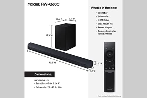 SAMSUNG HW-Q60C 3.1ch Soundbar w/Dolby Audio, Q-Symphony, Adaptive Sound Lite, HDMI eARC, Game Mode, Bluetooth, Tap Sound, Wireless Surround Sound Compatible, Black