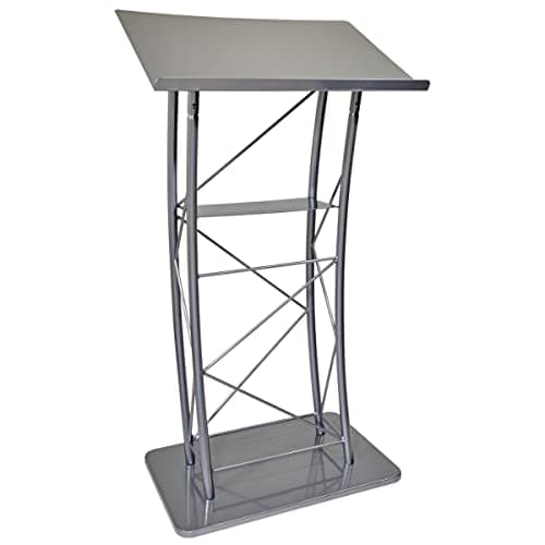 Kingdom KML2S Large Curved Lectern with Shelf, Stand Up Church Pulpit, Slanted Lectern, Conference Podium for Speakers, Speeches, and Other Occasions- Truss Lectern, Silver Powder Coat Finish, Metal