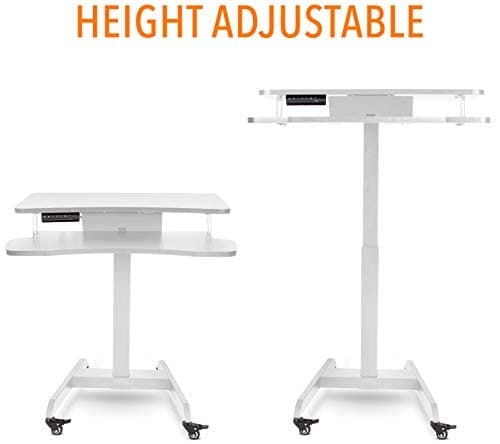 Stand Steady Cruizer Premier Electric Mobile Podium Desk with Keyboard Tray | Sit or Stand Height Adjustable Portable Standing Desk with Wheels | Portable Podium with Programmable Control Pad (White)