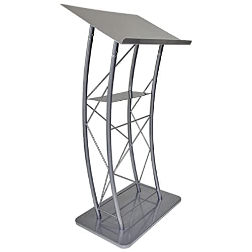 Kingdom KML2S Large Curved Lectern with Shelf, Stand Up Church Pulpit, Slanted Lectern, Conference Podium for Speakers, Speeches, and Other Occasions- Truss Lectern, Silver Powder Coat Finish, Metal
