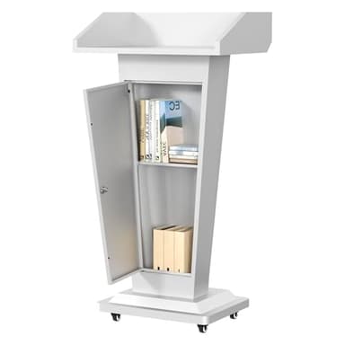 Heavy-Duty Black Metal Podium Stand with Lockable Wheels | Mobile Lectern with Storage Cabinet & Adjustable Height | for Conference Rooms, Churches, Classrooms & Events