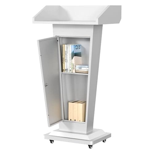 Heavy-Duty Black Metal Podium Stand with Lockable Wheels | Mobile Lectern with Storage Cabinet & Adjustable Height | for Conference Rooms, Churches, Classrooms & Events
