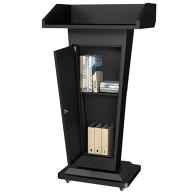 Tredre Black Metal Podium Stand with Wheels, Heavy-Duty Lecterns & Podiums with Storage, Premium Pulpits for Churches, Classrooms and Conferences, Scratch-Resistant Surface, 46.5”H