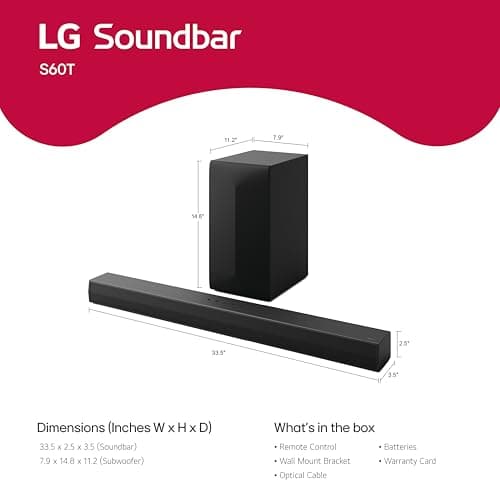 LG S60T 3.1 ch. Soundbar with Wireless Subwoofer, Dolby Audio, TV Synergy, Wow Interface, AI Sound Pro (2024 Model)
