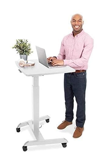 Stand Steady Multifunctional Mobile Podium Desk | Portable Sit to Stand Lectern with Pneumatic Height Adjustment & Tilting Desktop | Rolling Laptop Stand | Mobile Desk for School, Home, Office (White)