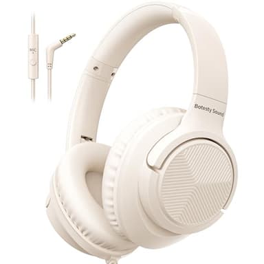 Headphones Wired with Microphone, Over Ear Foldable 3.5mm Plug in Headphones Corded with 4.9ft Tangle-Free Nylon Cord for Tablet, Laptop, MP3/4, School, Airplane Travel (Beige)
